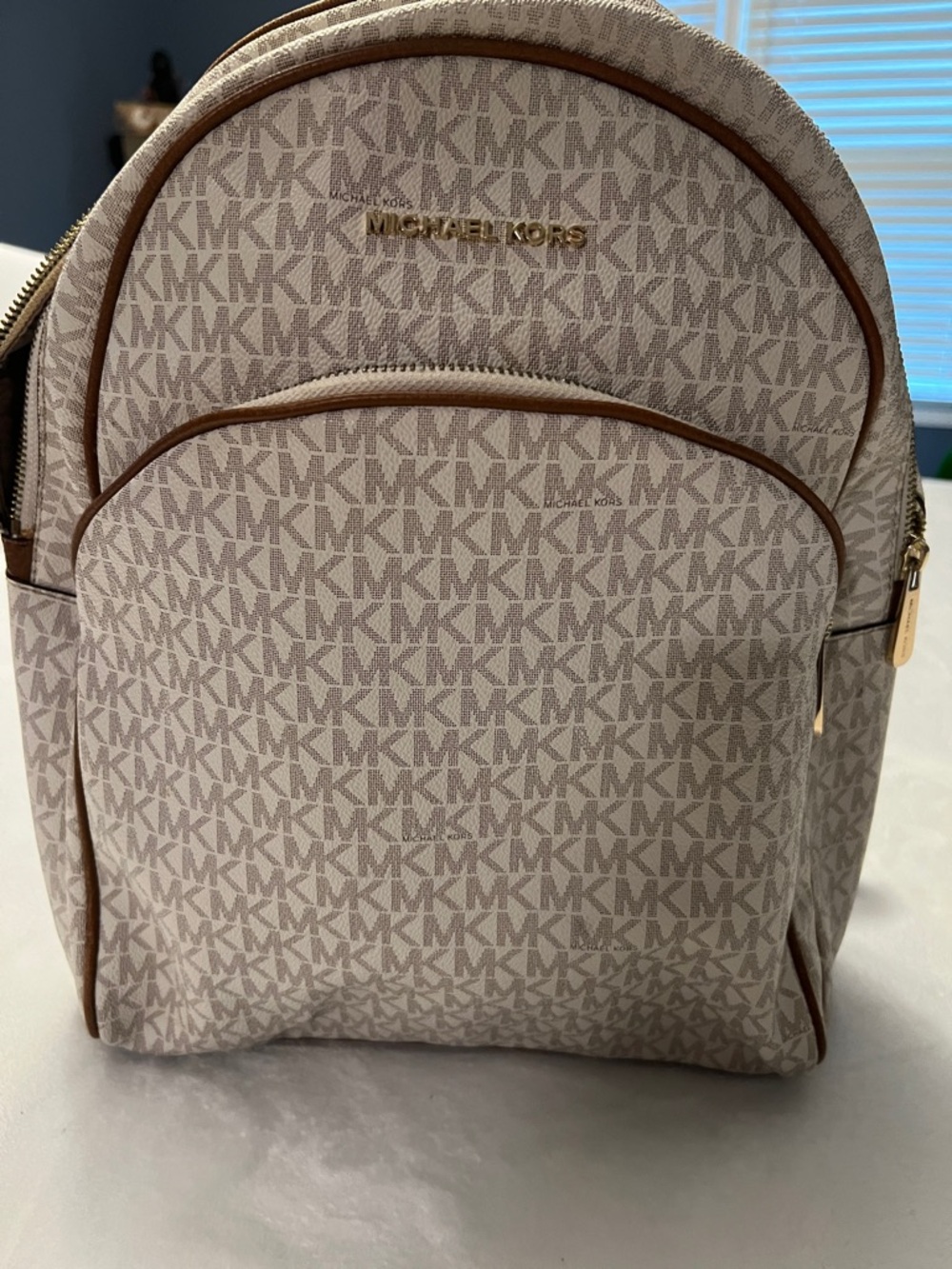 Michael Kors Beige/Gold Monogram Backpack with Tan Trim